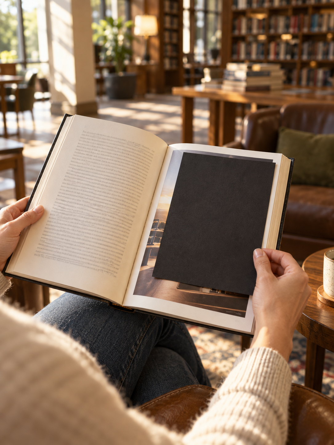 A reader uses black paper to cover an advertisement in a book