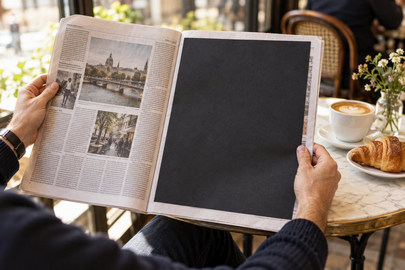 A black sheet of paper covering an advertisement in a newspaper