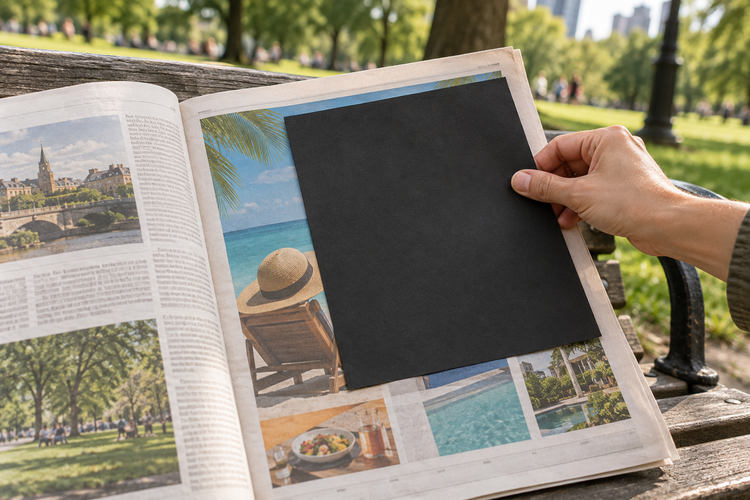 A hand places black paper over a newspaper advertisement on a park bench